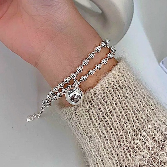 Sterling Silver Beaded Bangle Ball Drop Bracelet - Picture 6 of 7